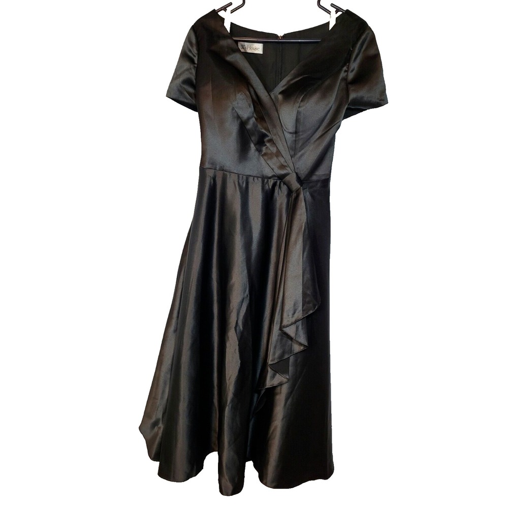 JJ's House Formal Black Satin Dress Cross Bust Side Ruffle Cap Sleeves Rear Zip